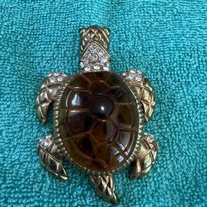 Elegant Brown and Silver Turtle Brooch with Sparkling Details